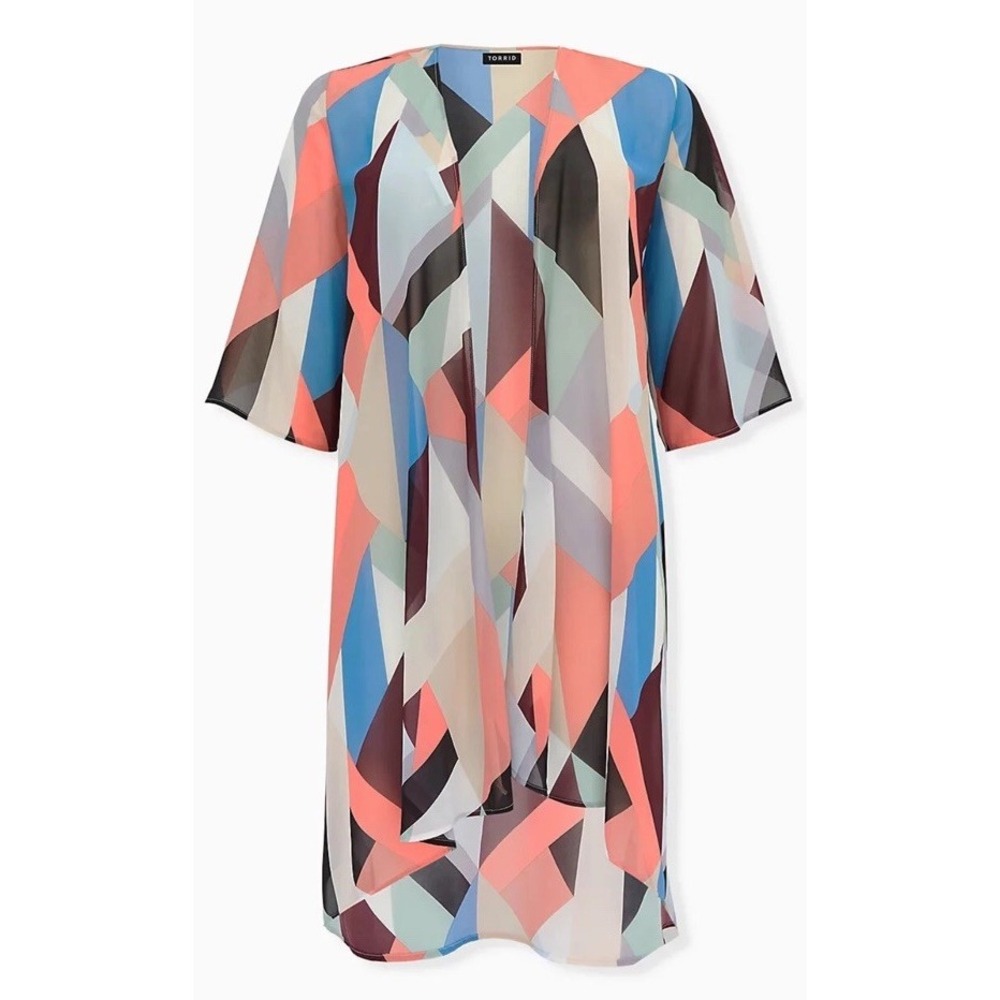 Torrid Geo Chiffon Hi-Lo‎ Duster Kimono Open Front Airy Breezy Mutli 00/0 NWT
